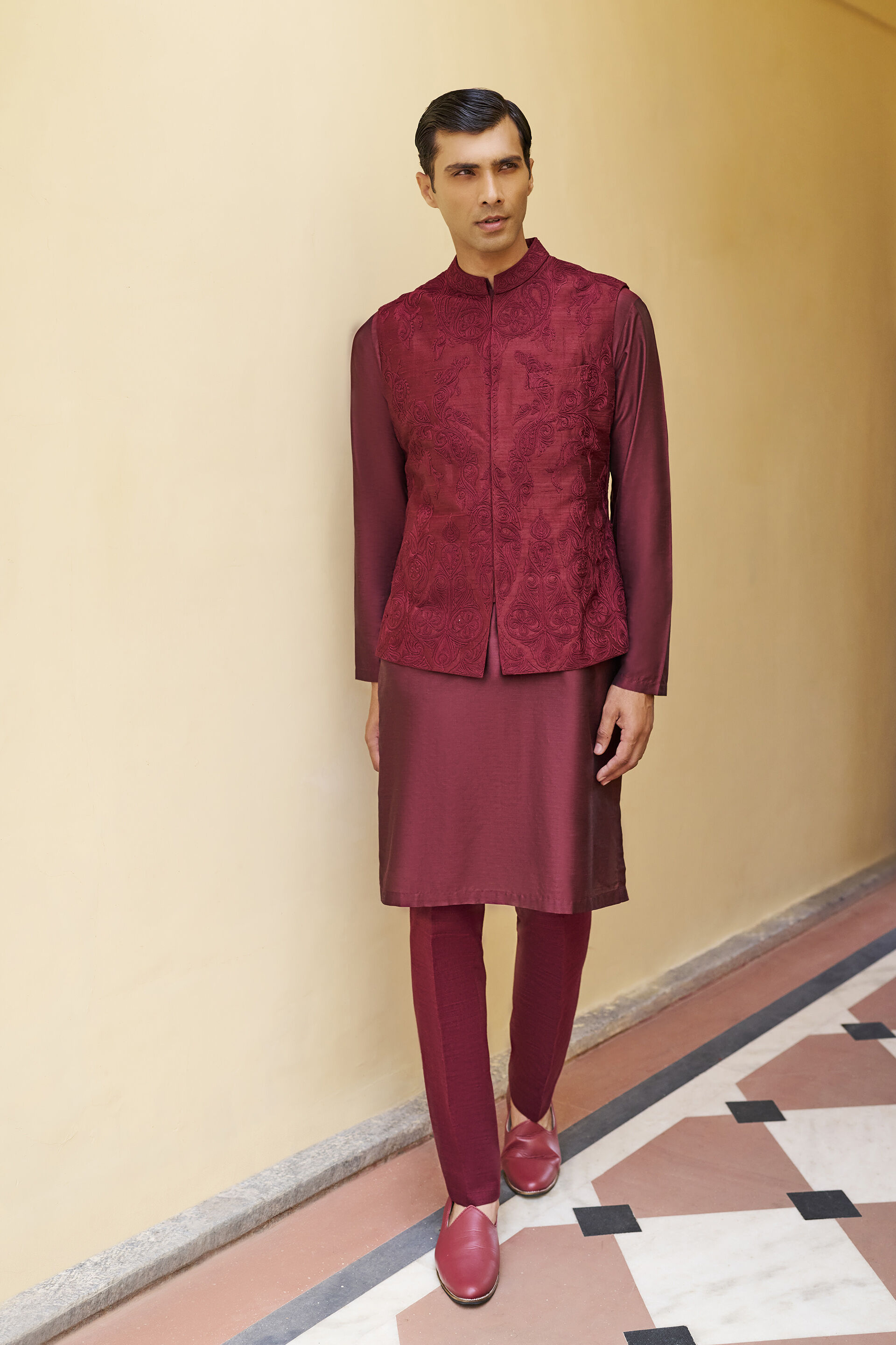 Fantasy Embroidered Cord Silk Nehru Jacket - Maroon
